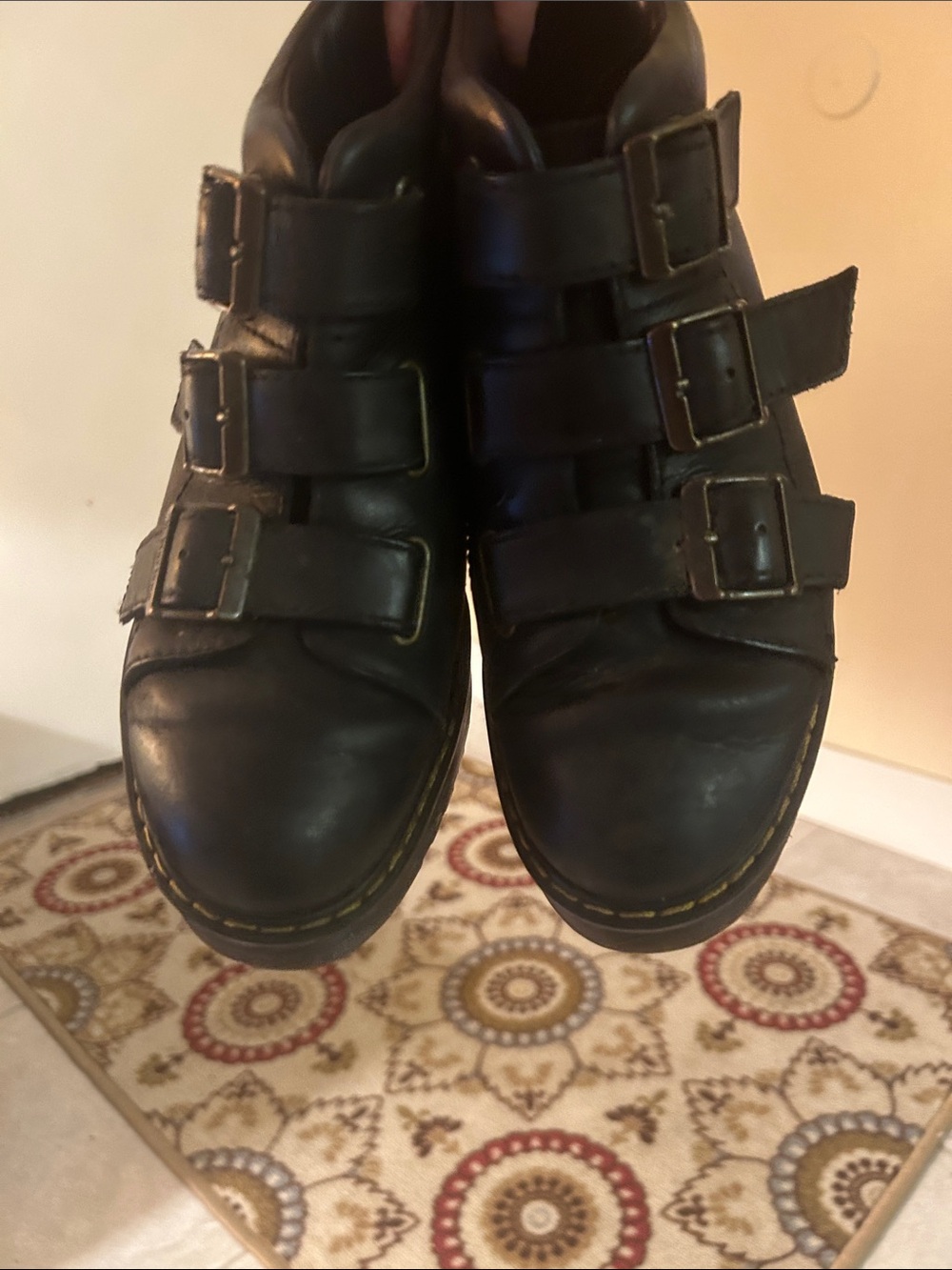 Dr. Martens Coppola Black Leather Triple Strap Platform Shoes Womens